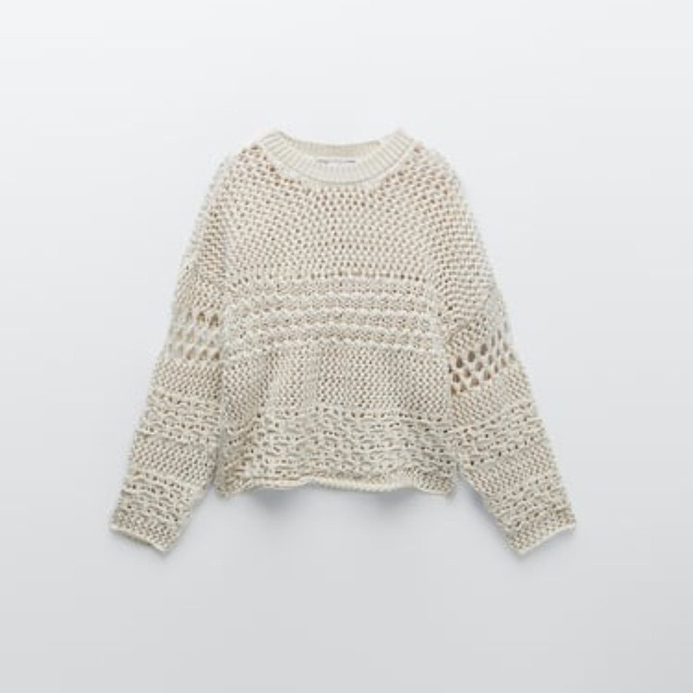 Cream Zara Crop Sweater - crochet style - S (NWT)